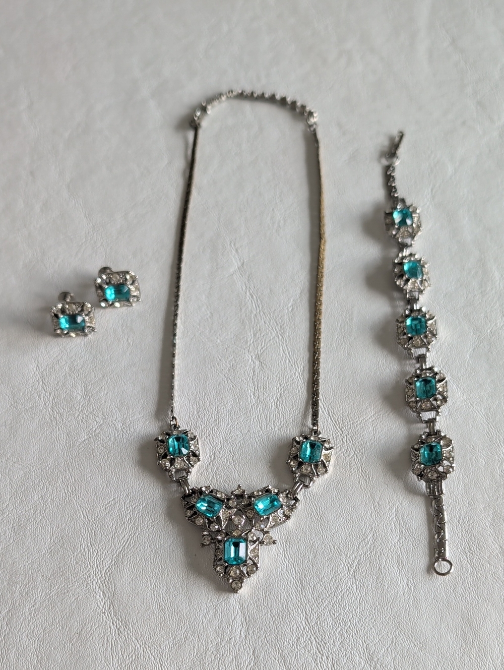 Vintage 1950s Costume Jewelry Set Blue Stones Necklace Bracelet & Clip Earrings